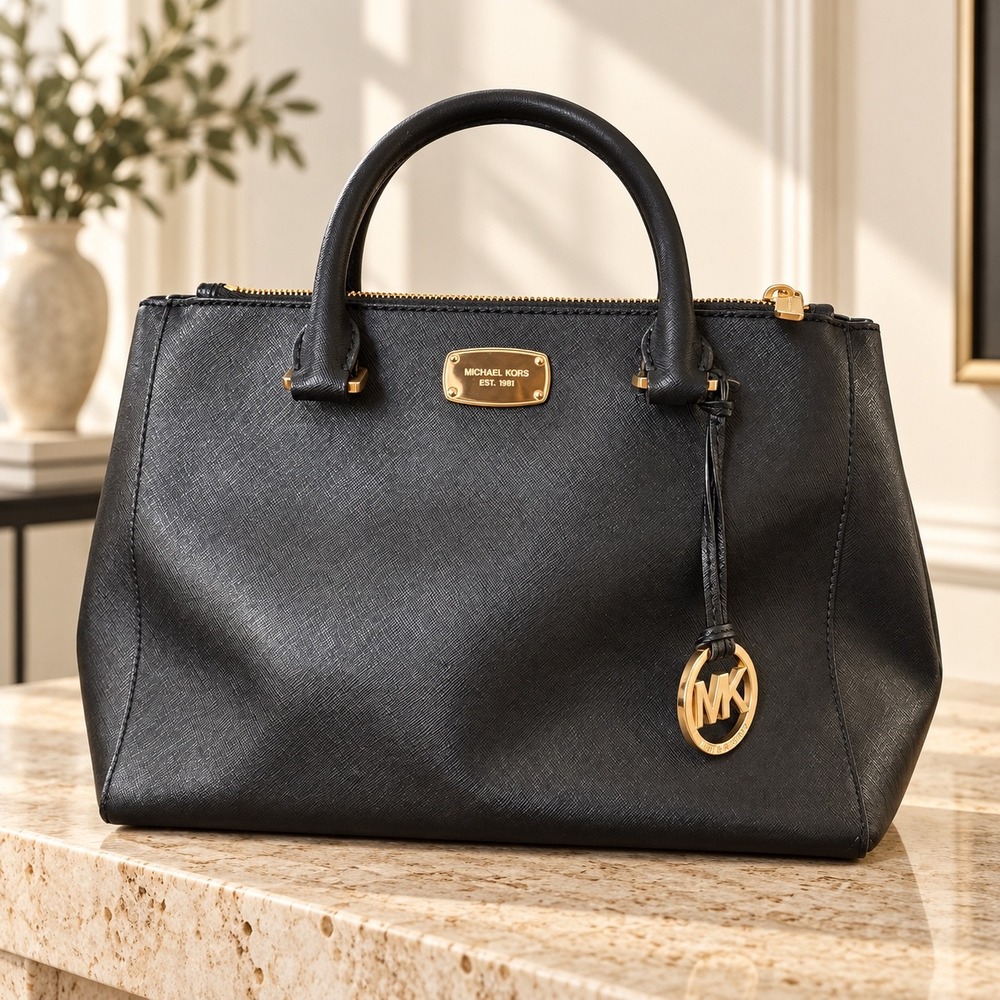 Michael Kors Black Saffiano Leather Satchel Handbag Gold Hardware MK Charm